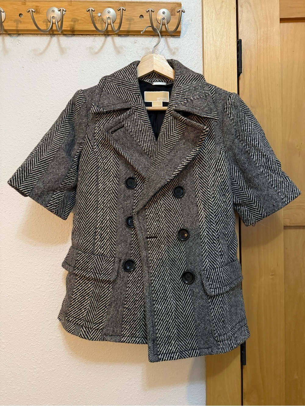 Michael Kors Herringbone Short-Sleeve Wool Peacoat